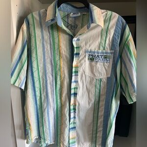Phat Farm 90s Vintage Casual Camp Striped Shirt - Green, Blue, Yellow L